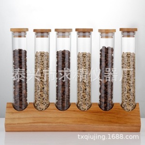 Glass Jar Display Rack With Wooden Base For Coffee Beans Dried Flowers Tea Leaves Storage Cylinder Shape Transparent Sealing - Product Image 2
