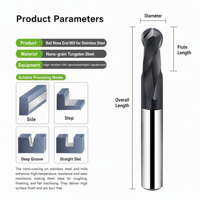Fraise à queue sphérique en carbure HRC65 à 2 dents pour usinage CNC de l'acier inoxydable et des métaux – Outil de fraisage CNC