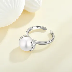 Luxury Adjustable Zircon Fresh Water Pearl Ring 925 Sterling Silver Open Design Engagement 10mm Round Pearl Ring