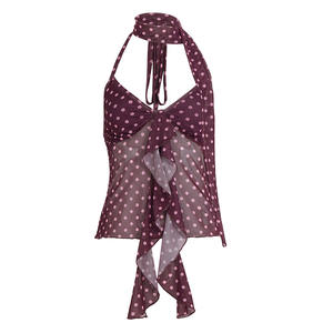 Exclusive Breathable Eco-Friendly Sheer Dot Bustier-Sexy Off-Shoulder Ruffle Camisole Peplum Hem V-neck Y2K <b>Mesh</b> <b>Top</b> Knitted - Product Image 5