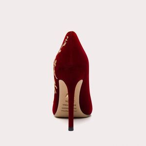 Chaussures simples à enfiler pour femme, rouges, en brocart, avec broderie de perles, à talons hauts et fins, double usage, tendance mode - Product Image 2