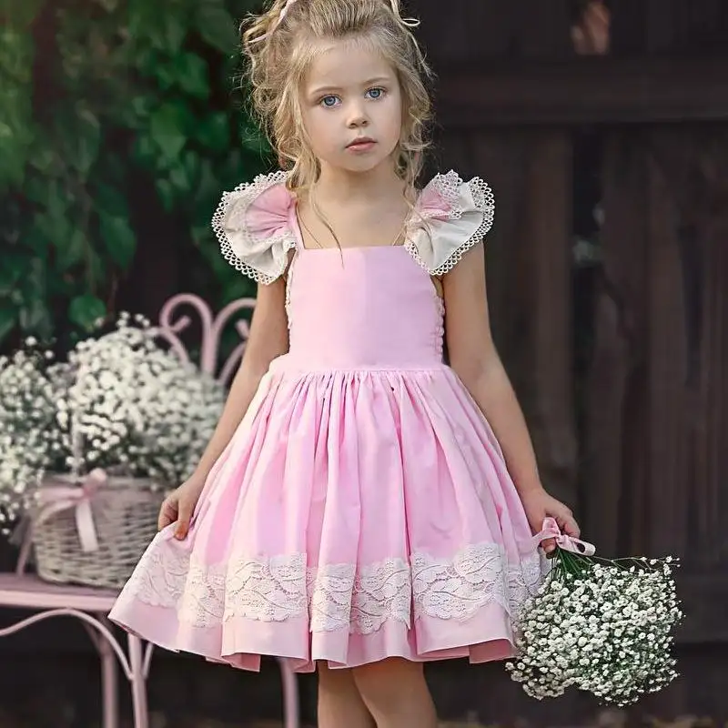 2019 summer children girls pink dresses gir princess Flying sleeve cotton backless dress