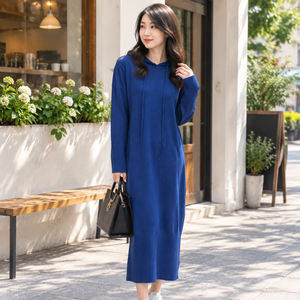 Robe pull maxi en tricot bleu pour femme, à capuche, manches longues, décontractée, pour l'automne, couleur unie, coupe ample, longueur totale - Product Image 2