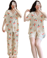 Ensemble Pyjama d'Été Élégant en Coton Trois Pièces Thermique pour Femme, Imprimé Cerises Douces, Haut Manches Courtes, Short et Pantalon de Nuit