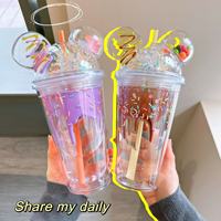 Mug de voyage en plastique réutilisable sans BPA avec paille, double paroi, anti-fuite, 450 ml, pour jus et boissons froides, pour filles kawaii