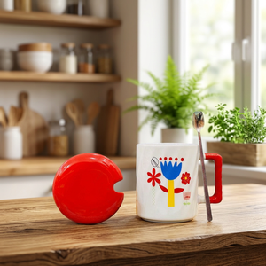 แก้วลายดอกไม้พร้อมฝาและช้อน - Product Image 1