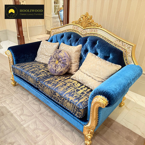 Cao cấp cổ điển Hoàng Gia Nhung Màu Xanh <span class=keywords><strong>Sofa</strong></span> vàng chạm khắc khung gỗ rắn với đệm cho phòng khách sang trọng sảnh khách sạn - Product Image 2