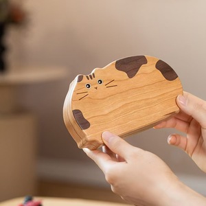 Wooden <b>Cat</b> Jewelry Box Walnut Color With Lining For Earrings <b>Rings</b> Storage Korean Style Anime Cartoon Design - Product Image 4