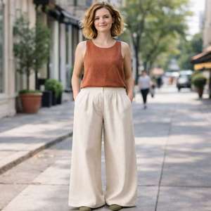 Pantaloni da Donna su Misura a Gamba Larga in <span class=keywords><strong>Lino</strong></span> Colore <span class=keywords><strong>Beige</strong></span> Abbigliamento Femminile Fornitore di Abbigliamento di Qualità - Product Image 1