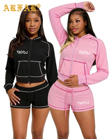 Ensemble Athleisure d'été personnalisable pour femme en maille gaufrée 2 pièces : Hoodie court zippé à surpiqûres contrastées et short taille basse