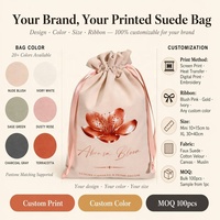 Tas Serut Beludru Suede Beige dengan Cetakan Bunga Warna-Warni Kustom, Pita Satin, Kantong Kemasan Hadiah Lilin Mewah dan Perhiasan