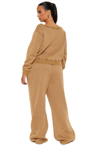 Felpa personalizzata a spalla e pantaloni della tuta a gamba dritta set di tessuto taglie forti da donna - Product Image 3