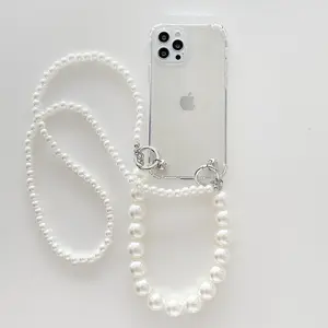 斜挎包挂绳项链珍珠手链盒适用于iPhone 11 12 13 14 xr xs max，适用于iPhone 15透明盒，带珍珠表带