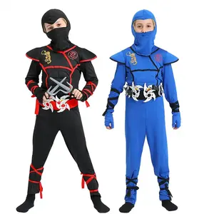儿童蒙面万圣节男孩女孩服装忍者服装儿童忍者角色扮演黑色蓝色连身衣万圣节服装