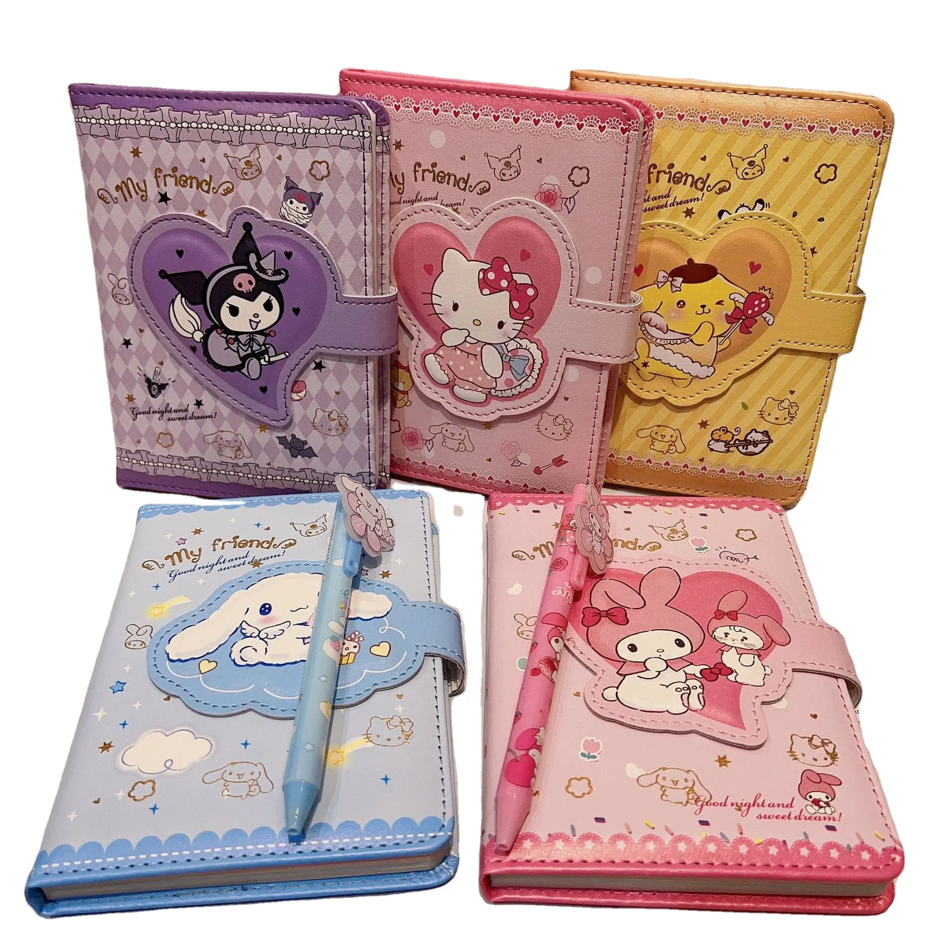 DHF Cute A5 Sanrioed Diary Notebook With Pen Kuromi Melody Pu Notebooks Sanrioed Accessories School Supplies