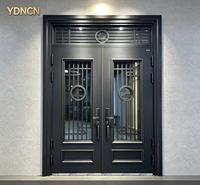YDNCN Porte d'entrée double européenne en fonte d'aluminium avec fenêtre de transom, grille en verre artistique, compatible serrure intelligente, robuste