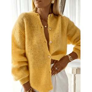 Fuzzy <b>Cropped</b> Button <b>Cardigan</b> <b>Women's</b> Yellow Soft Knit Sweater Top Casual Wear - Product Image 1