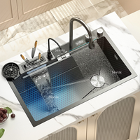 Tiktok populaire grand évier multifonction à fente unique anti-rayures LED affichage numérique cascade évier de cuisine avec lave-gobelet