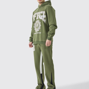 Men's Olive Green Hooded Sweatshirt Set With Front Print Pocket Regular Fit Casual Autumn Wear - Product Image 1