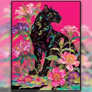 Kit de Pintura de Diamantes SONGWOO, <span class=keywords><strong>Pantera</strong></span> <span class=keywords><strong>Negra</strong></span> con Brillantina Colorida, Fondo Rosa Intenso, Diseño Floral Multicolor, Perforación Completa Redonda - Product Image 1