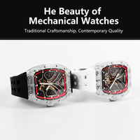 Neuerscheinung Herren Automatik 3ATM Mechanische Uhr Weißgold-Gehäuse Glas-Zifferblatt Skelett Luxus Maßgefertigtes Silikonarmband