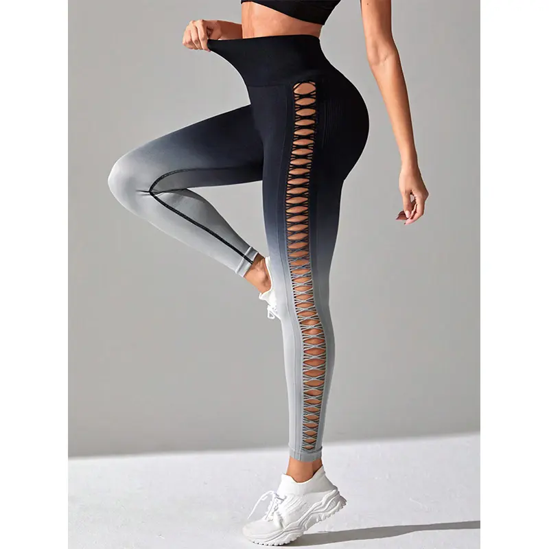 Leggings Fitness da donna con Logo personalizzato con colore sfumato senza soluzione di continuità pesca vita alta per il controllo della pancia ad asciugatura rapida pantaloni da Yoga