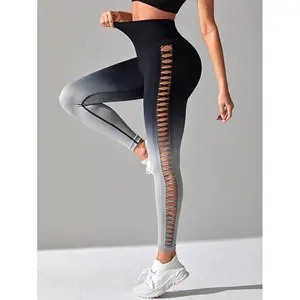 Mallas deportivas con logotipo personalizado para mujer, pantalones de Yoga de secado rápido ahuecados sin costuras de Color degradado, cintura alta, cadera, melocotón, Control de barriga