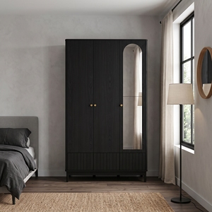 Modern Black <b>3</b> <b>Door</b> <b>Wardrobe</b> <b>with</b> Full-Length <b>Mirror</b> and Ribbed Base for Bedroom - Product Image 3