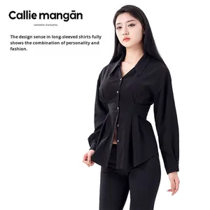 2024 Callie Mangan/Callie Megan verano nuevo diseño adelgazante negro gasa camisa versátil cintura larga Look Oficina liso teñido <span class=keywords><strong>s</strong></span>ólido - Product Image 3