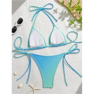 FOXA Women's 2 Piece <b>Bikini</b> Set Floral Beaded Triangle Halter <b>String</b> Swimsuit High Cut Bathing Suit - Product Image 2