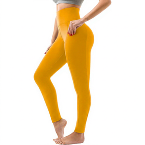 High Waist Seamless Yoga <b>Leggings</b> Women Solid Color Full Length Four Way Stretch With Pockets Yellow - Product Image 1