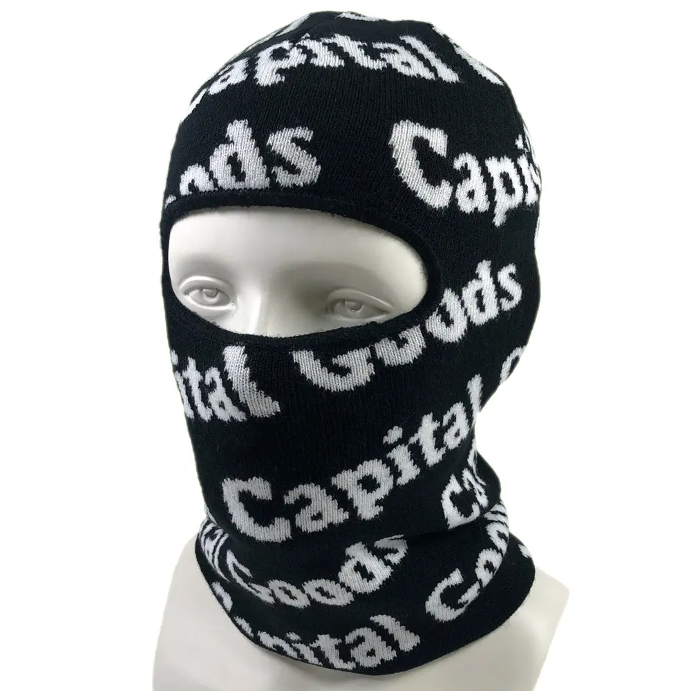 OEM low MOQ high quality acrylic unisex winter hats 1 hole ski mask custom full print jacquard logo hip hop balaclava