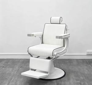 Silla de barbero duradera, directa de fábrica, cuero blanco, estructura metálica resistente, reclinable, equipo profesional para salón. - Product Image 1