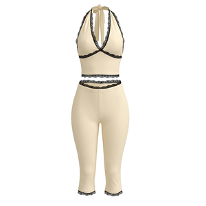 Viviblook J26ST268 Ensemble 2 pièces sexy pour femme : débardeur dos nu en dentelle à col licou et pantalon court côtelé de couleur unie - Product Image 5