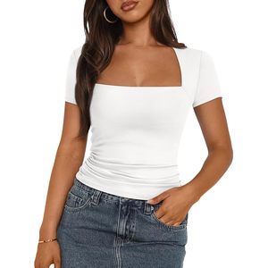 Haut à col carré pour femmes, manches courtes, coupe ajustée, vêtements d'été doux - Product Image 1
