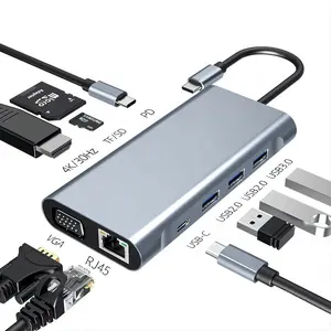 Xpup多端口HDMI兼容4k高清电视VGA RJ45以太网USB 3.0 USB C PD快速充电集线器多功能10合1 USB C型集线器