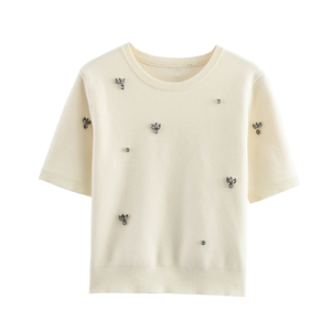 เสื้อสวมหัวคอกลมแขนสั้นประดับด้วยลูกปัดแนววินเทจของผู้หญิงเสื้อระบายอากาศ100% ผ้าโพลีเอสเตอร์อเนกประสงค์ฤดูใบไม้ร่วงใหม่ - Product Image 1