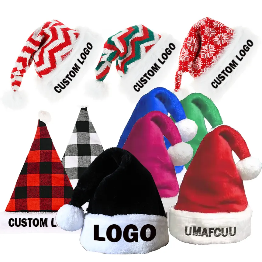 personalised Christmas Hat Cap with pom-pom Custom printed Embroidery Logo velvet Black Blue Red Green Winter Santa Claus Hat