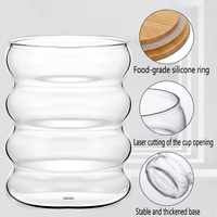 Verre à boire personnalisé en borosilicate, design ondulé, gobelet côtelé avec couvercles en bambou et pailles pour eau et café