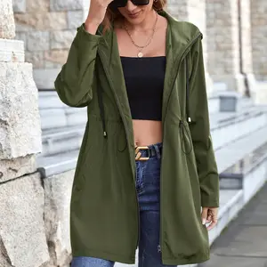 2022 Spring Clothing Custom Logo hoodie water-proof wind-break hiking army green Girl jacket long coats for women