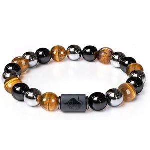 Bracelet en pierre de cristal de hématite noire NYY, pierre de guérison élastique, œil de tigre, triple signe du zodiaque, constellation, perles - Product Image 2