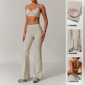 KY51 femmes 2 pièces Yoga ensemble serré séchage rapide <span class=keywords><strong>col</strong></span> en <span class=keywords><strong>V</strong></span> recadrée à manches longues haut taille haute Shorts tenue d'entraînement Yoga course - Product Image 2