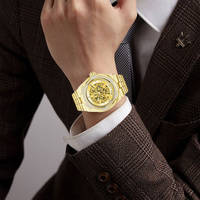 AIKEFELLER AF2660 Montre automatique pour homme, cristal saphir, aiguilles, étanche 3ATM, lunette sertie de diamants, plaqué or, acier inoxydable, luxe