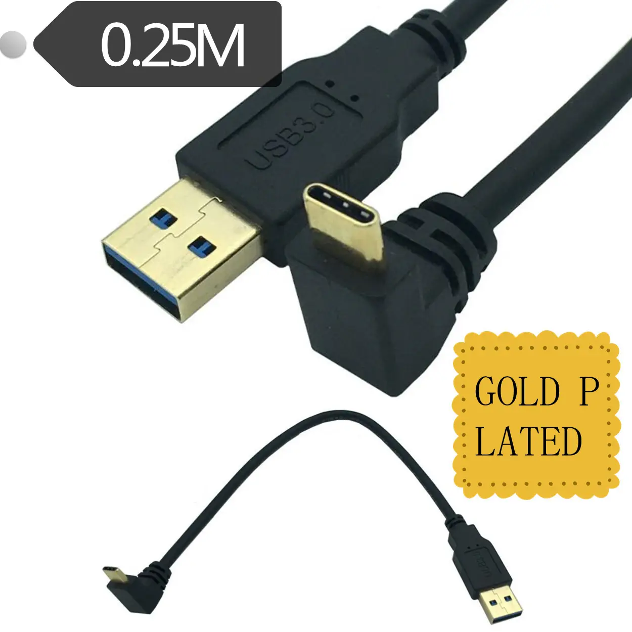 Gold Plated USB 3.0 (Type-A) MaleにUSB 3.1 (Type-C) Male Angle USB CにA AMにCMオスData Charge Short Cable 25センチメートル