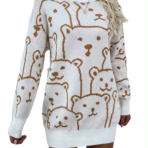 <span class=keywords><strong>Robe</strong></span> <span class=keywords><strong>pull</strong></span> jacquard pour <span class=keywords><strong>femme</strong></span>, style automne-hiver, ample et décontractée, motif ours en tricot - Product Image 1