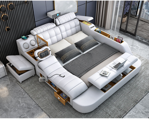 Lit intelligent de luxe en cuir, multifonctionnel, taille King, plateforme rembourrée en tissu, lit souple avec rangement et haut-parleur musical YSS-B4 - Product Image 2
