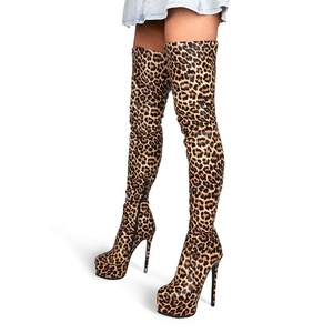 Cheetah Pattern High Platform High Thin Heel Women Boots High Heel Thigh High <b>Booties</b> Side Zipper Daily Over Knee High Boots - Product Image 2