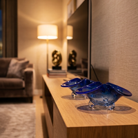 Bol en verre soufflé à la main bleu, décoratif, à bords festonnés, irrégulier, en forme de fleur, de luxe, pour fruits ou bijoux