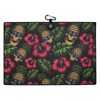 Serviette de golf noire en microfibre gaufrée tropicale, imprimé crâne, ananas, hibiscus, avec mousqueton, vente en gros, logo personnalisé