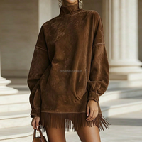 Robe Courte Décontractée en Daim pour Femme, Col Roulé Vintage, Manches Longues, Franges et Pompons, Coupe Ample, Style Mini, Personnalisable OEM